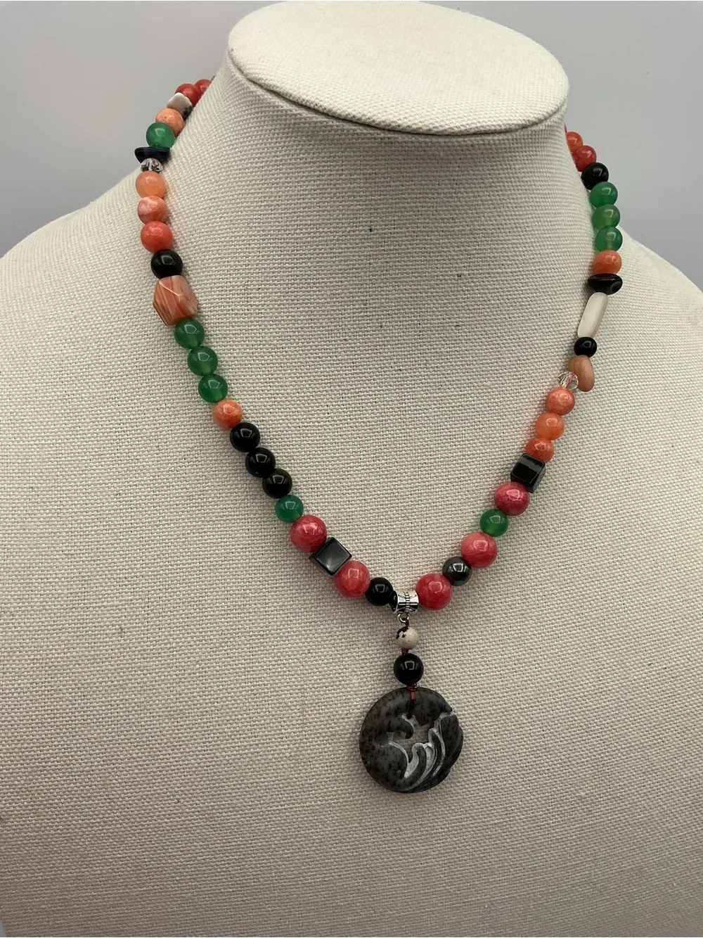 Multicolor Beaded Jade Pendant Necklace - Sterling Silver 925 Accents